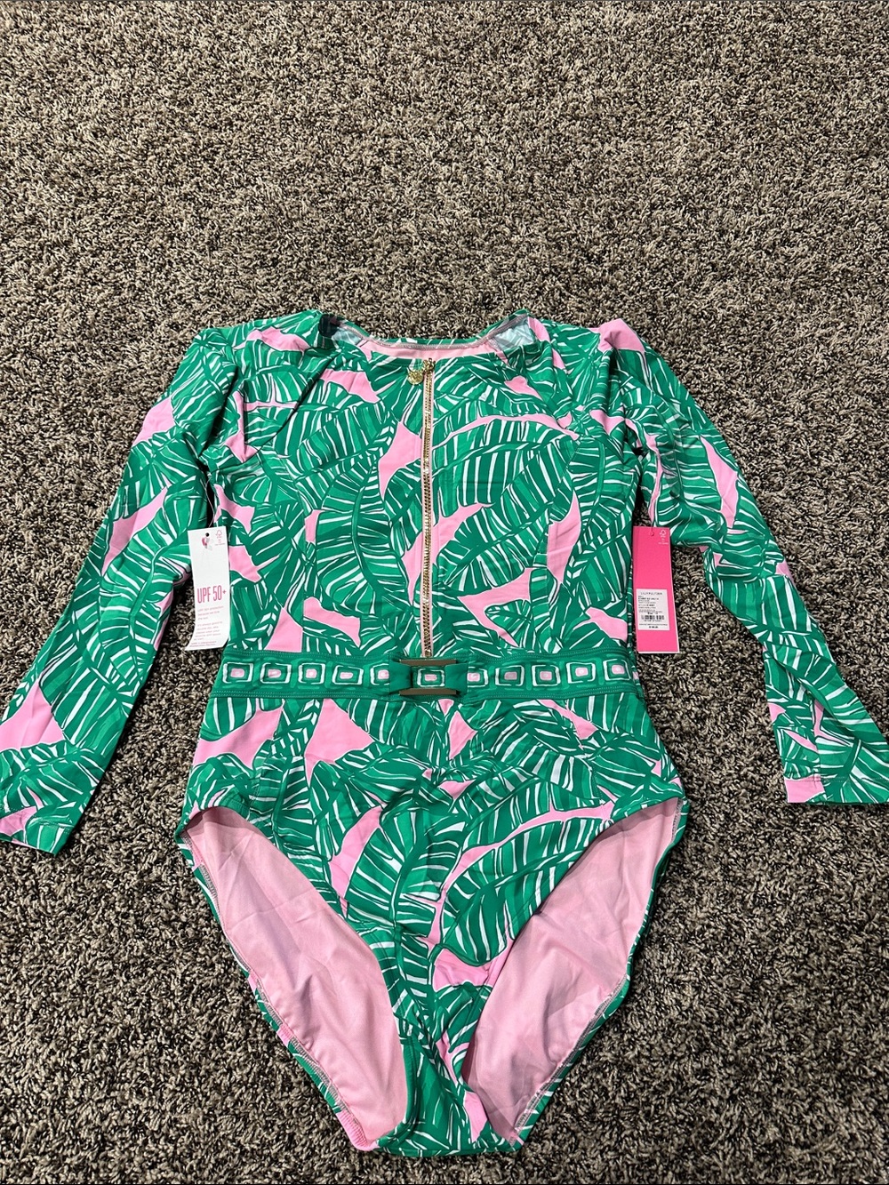 Lilly Pulitzer Green & Pink Palm-Print Long Sleeve One-Piece Swimsuit